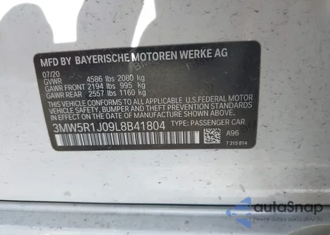 2020 BMW 330I из США, поврежденный, VIN 3MW5R1J09L8B41804